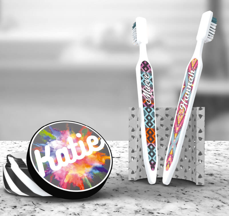 Personalised toothbrushes and jar